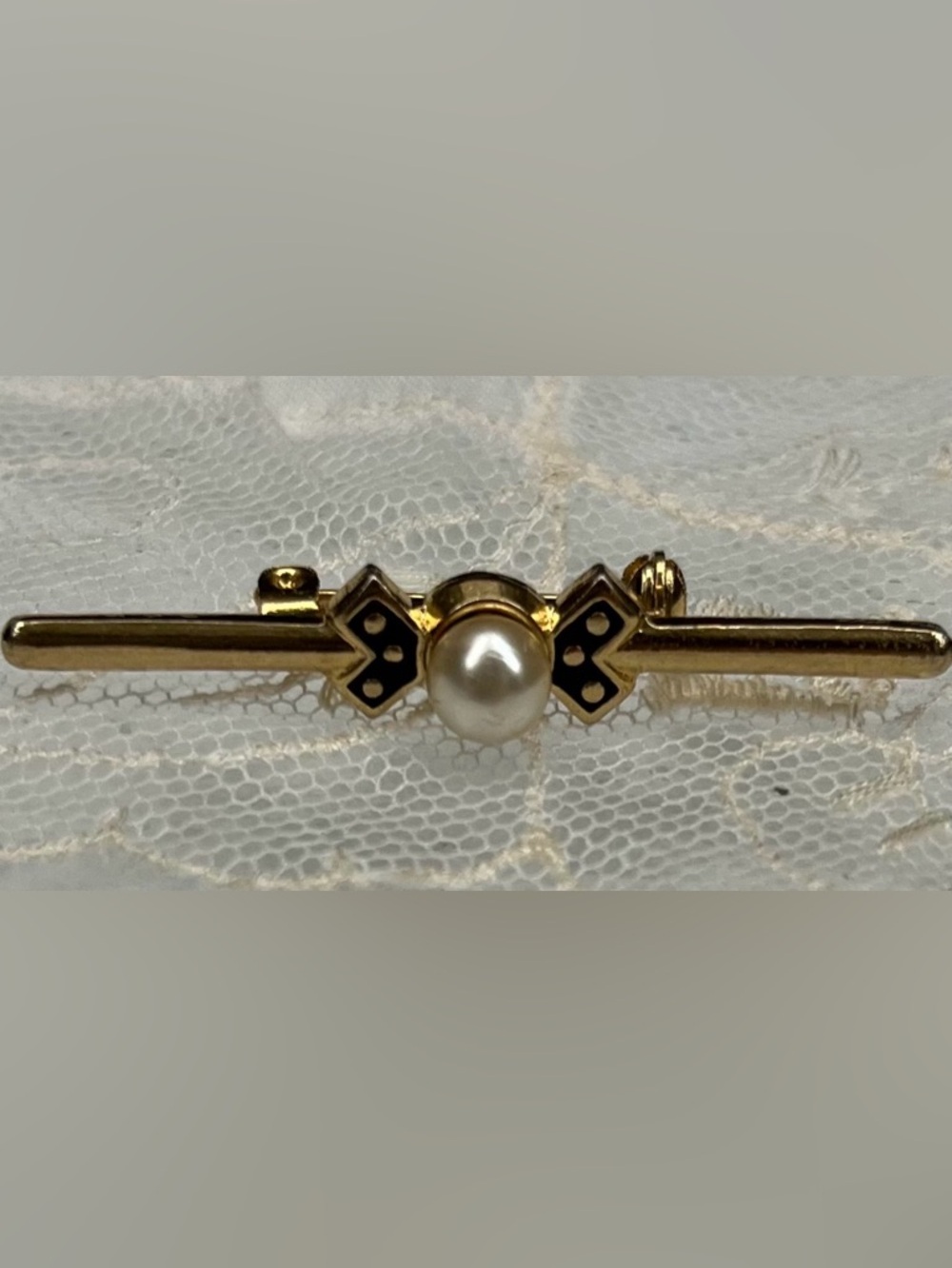 Vintage Gold Tone Bar Brooch with Faux Pearl, Black Enamel , Gift for Her